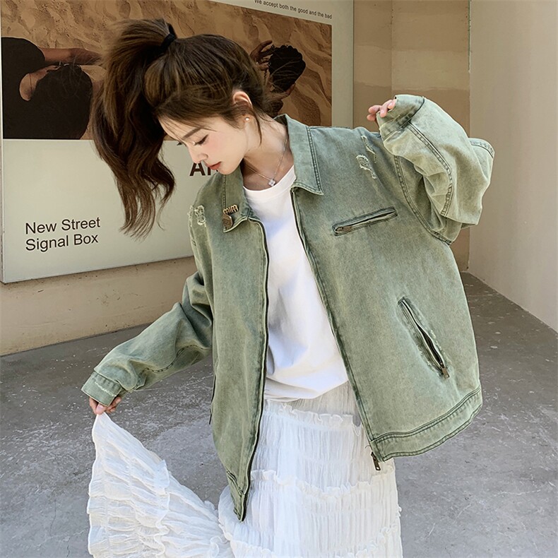 复古水洗做旧绿色牛仔外套女2025春秋季新款宽松休闲短款夹克上衣,女装短外套,2C050