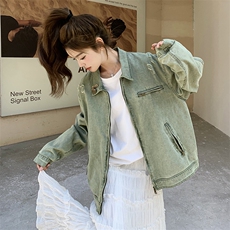复古水洗做旧绿色牛仔外套女2025春秋季新款宽松休闲短款夹克上衣，女装短外套，2C050