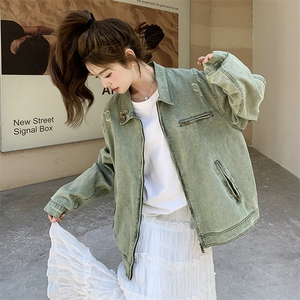 复古水洗做旧绿色牛仔外套女2025春秋季新款宽松休闲短款夹克上衣图片