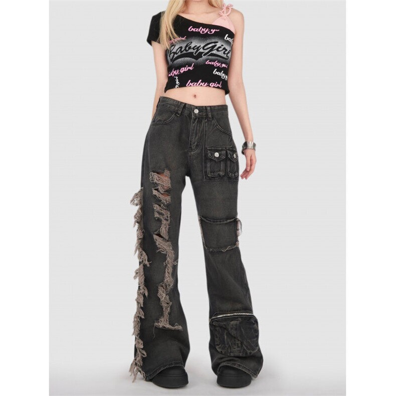 2210-P58炸街重工拼接夏季破洞微喇牛仔裤高腰宽松裤子，女装休闲裤，电商A306A