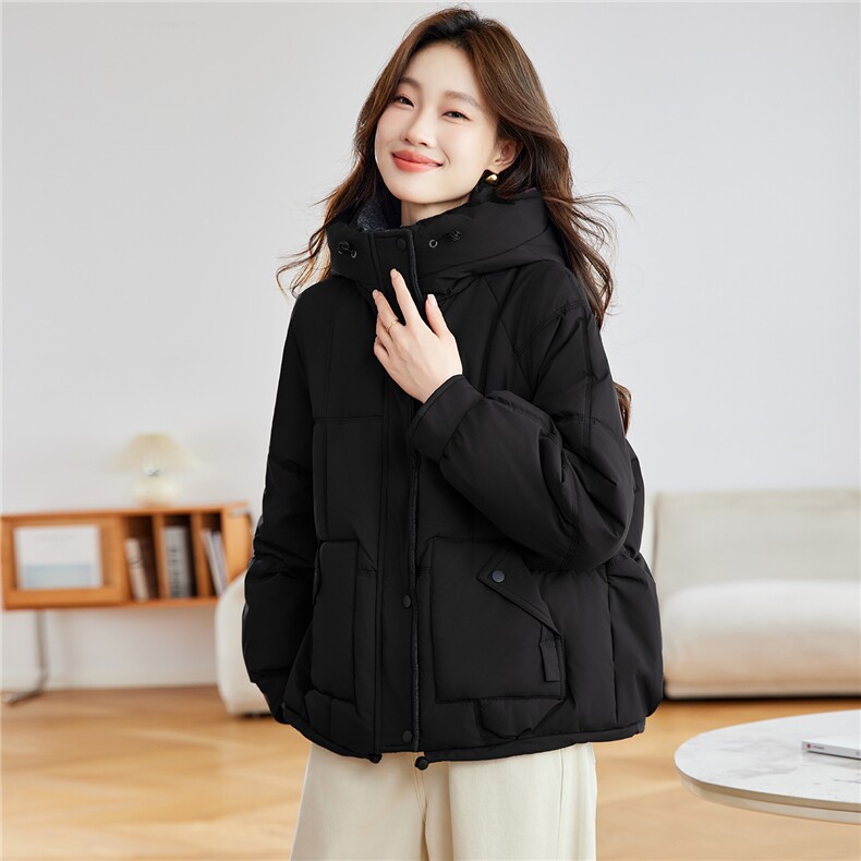 2025年冬季新款连帽拼接时尚棉服女加厚保暖，女装棉衣/棉服，忆绮罗