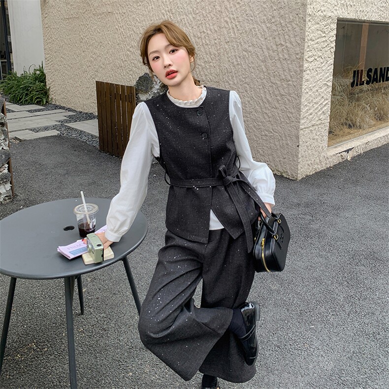 现货撒银新面料白衬衫马甲阔腿裤裤三件套2C239-H51-P195K278,女装套装/套裙,2C239