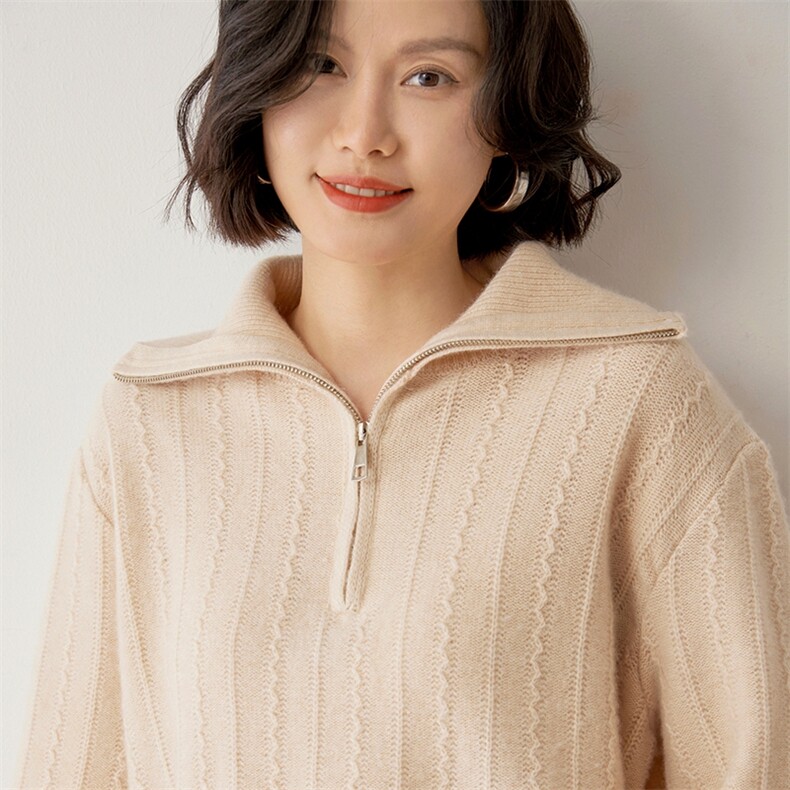 欧货半拉链山羊绒衫女高领秋冬款加厚绞花长袖套头毛衣针织打底衫,女装羊绒衫,雪山红莲