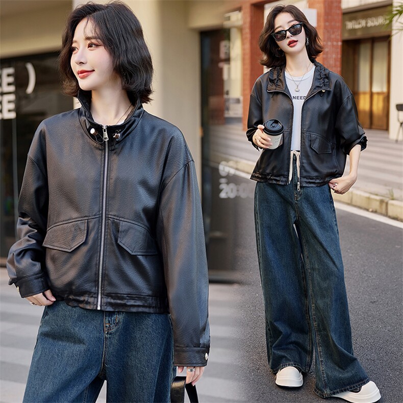 黑色复古仿pu皮夹克宽松休闲飞机服休闲帅气美式外套,女装短外套,梦懿尔