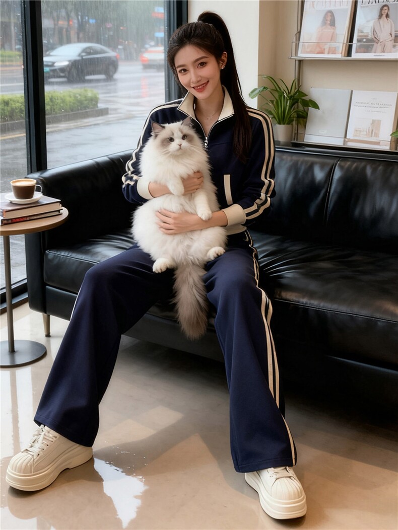 时尚休闲运动套装女秋新款洋气显瘦短款拼接撞色外套阔腿裤两件套,女装套装/套裙,江南
