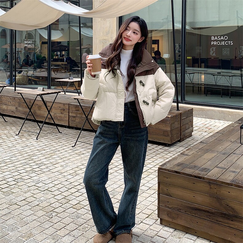 韩版时尚撞色立领加厚羽绒服女2025年冬季新款显瘦保暖白鸭绒外套,女装羽绒服,2C122