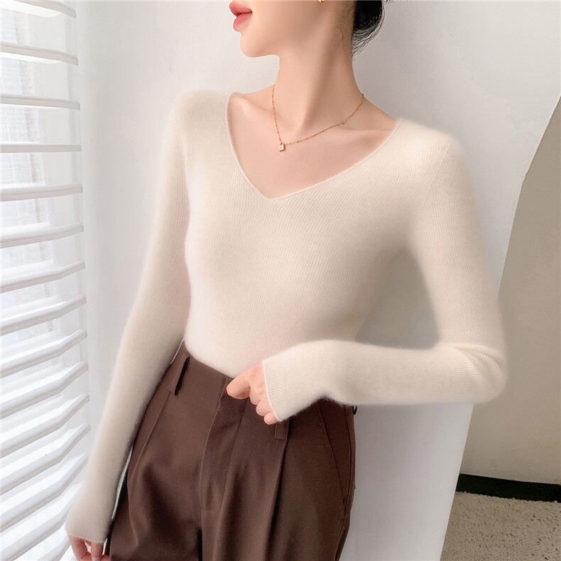 2025年秋季套头单件常规甜美长袖一线卷边V领,女装羊绒衫,奥帆羊绒