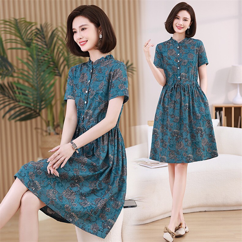 棉麻碎花连衣裙女夏季2025新款高贵气质洋气妈妈收腰显瘦中长裙子，女装连衣裙，凝聚力
