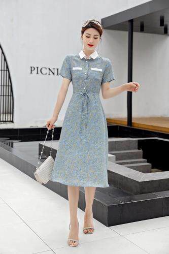 夏季新款雪纺衬衫领中长裙，女装衬衫，千禾木