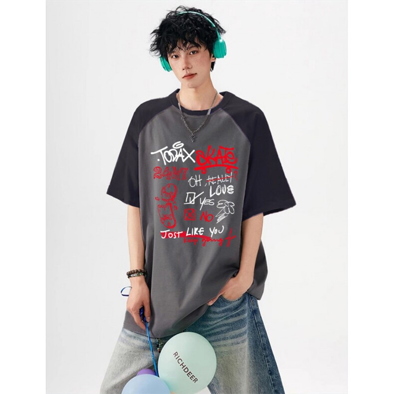 抖音得物高品质二开240克宽松纯棉美式潮牌插肩袖拼接短袖T恤,男装T恤,电商A486