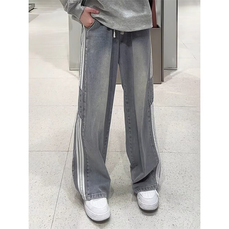 B0039条纹黄泥牛仔裤男女款直筒宽松紧腰阔腿裤美式复古拖地长裤,男装牛仔裤,星座308A-1（原309B-1）