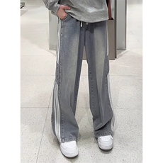 B0039条纹黄泥牛仔裤男女款直筒宽松紧腰阔腿裤美式复古拖地长裤，男装牛仔裤，星座308A-1（原309B-1）