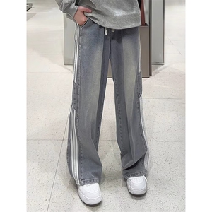 B0039条纹黄泥牛仔裤男女款直筒宽松紧腰阔腿裤美式复古拖地长裤图片