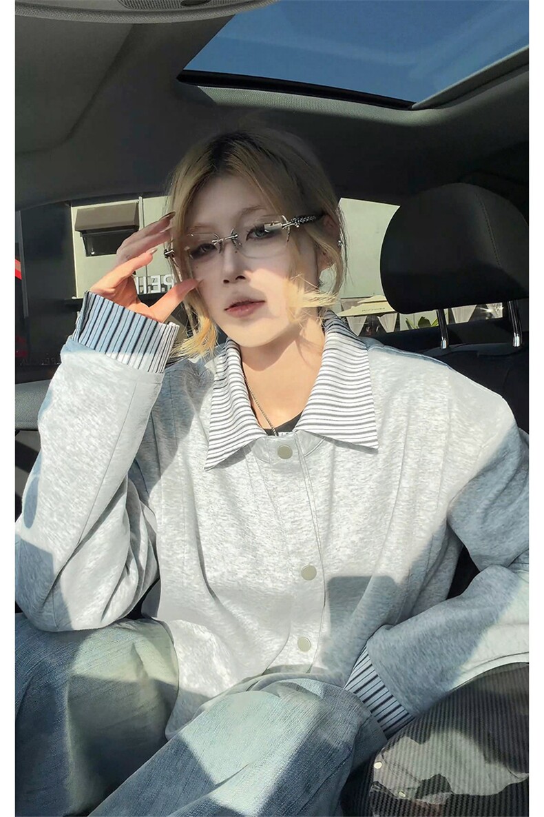 春季新款假两件拼接卫衣条纹衬衫开衫外套男女C61308-TP4589,男装衬衫,电商A102