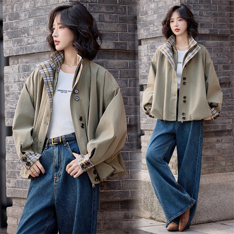 水衣源2796款灯笼外套女咸菜绿立领格子拼接洋气一手长风衣,女装风衣,水衣源