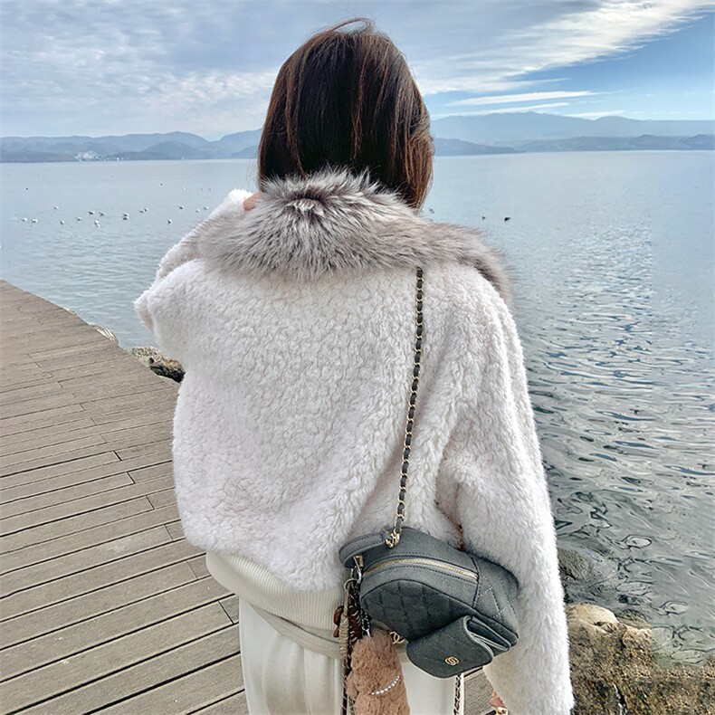 大毛领短款羊羔仿皮草外套毛绒保暖翻领冬季女,女装短外套,纯色衣恋