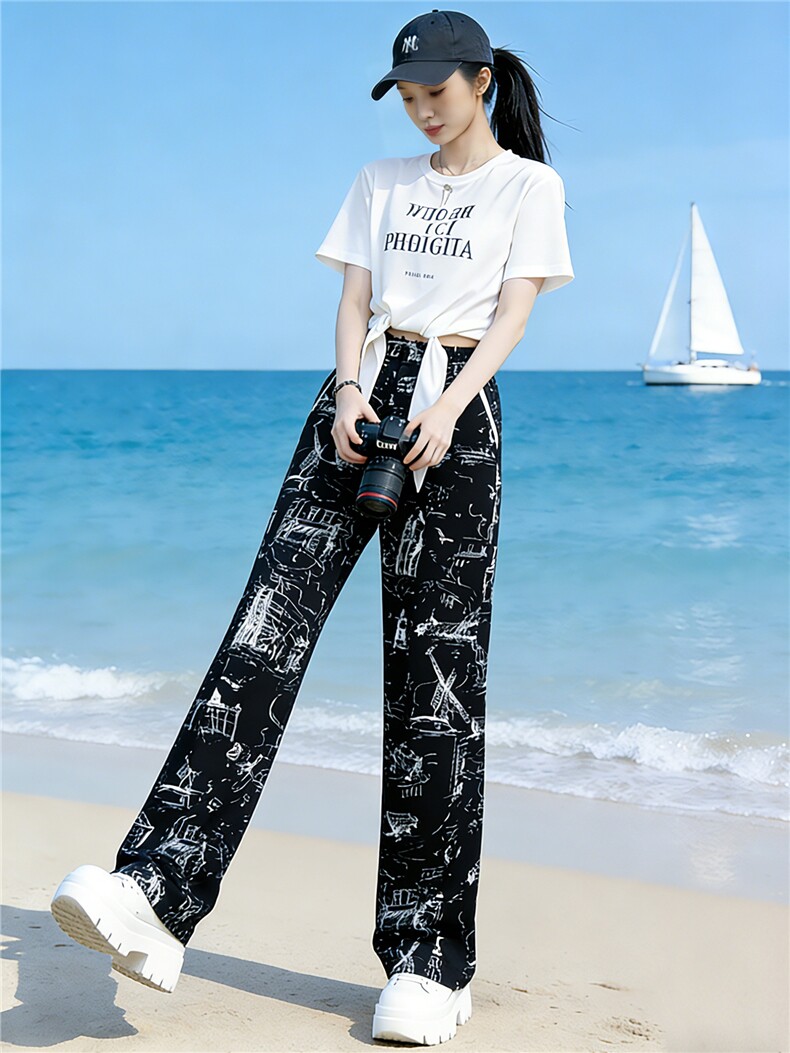 重工印花时尚休闲套装女夏季新款白色短袖上衣黑色阔腿长裤两件套,女装套装/套裙,江南
