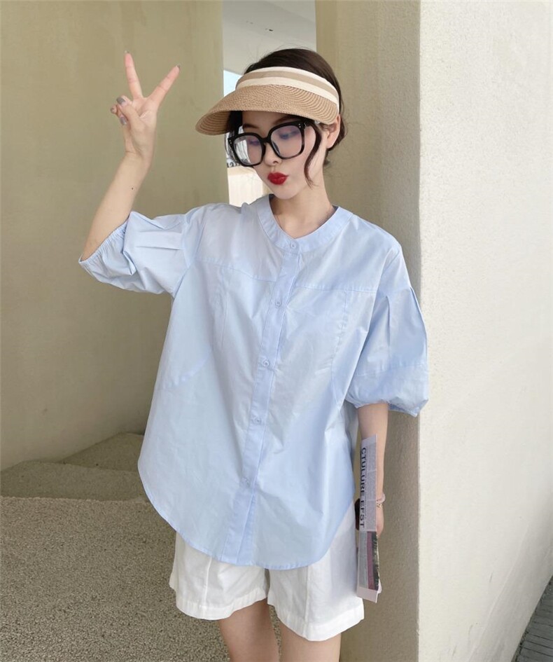 夏季新款亮色圆领衬衫，女装衬衫，艾绮雪影