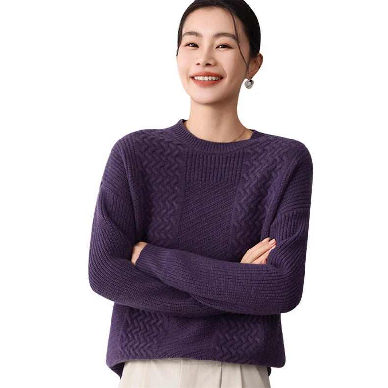 秋冬季新款舒适显瘦时尚百搭5针花型格圆领羊毛衫,女装羊毛衫,琳尚羊绒