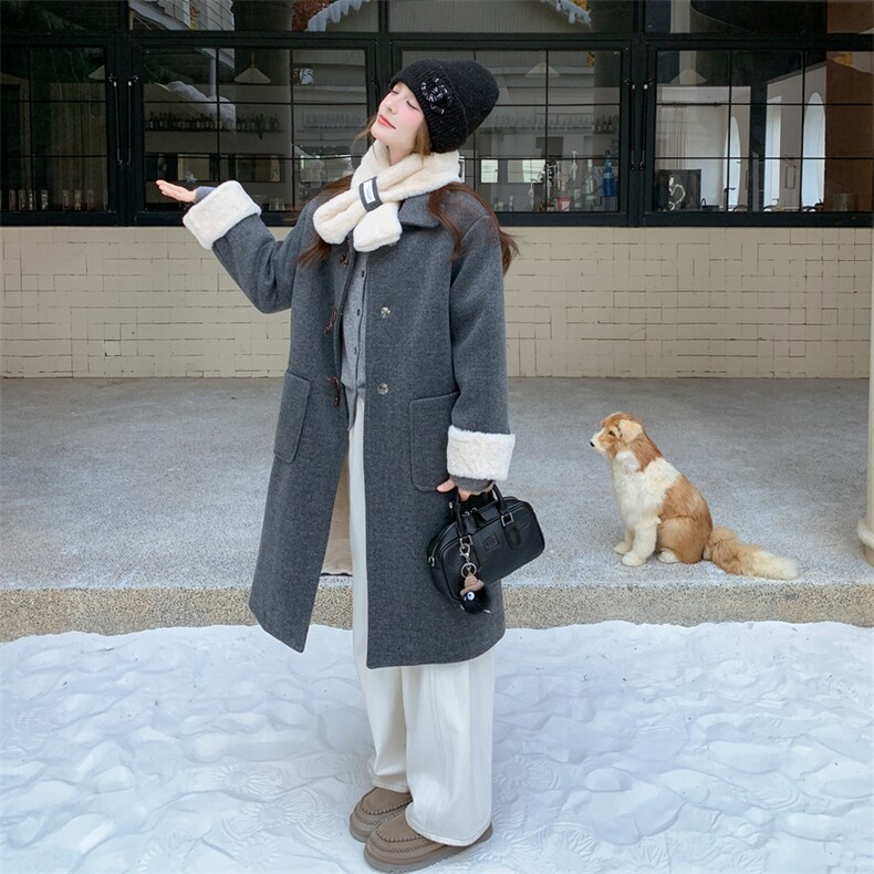 学院风灰色毛呢外套女2025冬季新款中长款围巾双排扣大衣高级感,女装毛呢外套,2D148