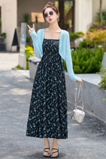 圣雅姿2025春夏韩版时尚气质碎花吊带连衣裙针织开衫两件套显瘦女，女装套装/套裙，魅丽静蓝