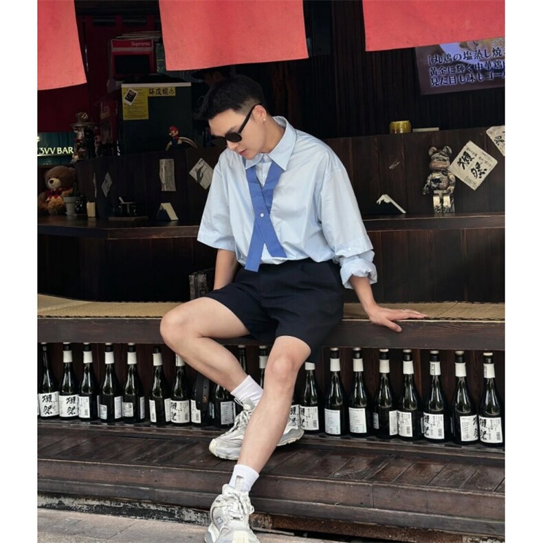 cleanfit蓝色长袖衬衫男交叉领带设计感衬衣阳光干净男生穿搭外套,男装衬衫,星座601-1