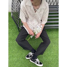 夏季小众古巴领慵懒宽松垂坠质感薄复古波浪纹短袖衬衫男休闲C624，男装衬衫，星座1013