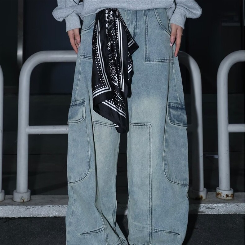 美式街头喷墨脏多口袋水洗牛仔裤女2025夏装新款废土风直筒阔腿裤,男装牛仔裤,星座506A