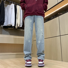 美式hiphop纯色星星装饰修身直筒牛仔裤，男装牛仔裤，星座310A-4