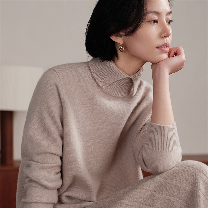 2025百搭秋冬时尚知识分子高领翻领长袖,女装羊绒衫,肤容雪羊绒