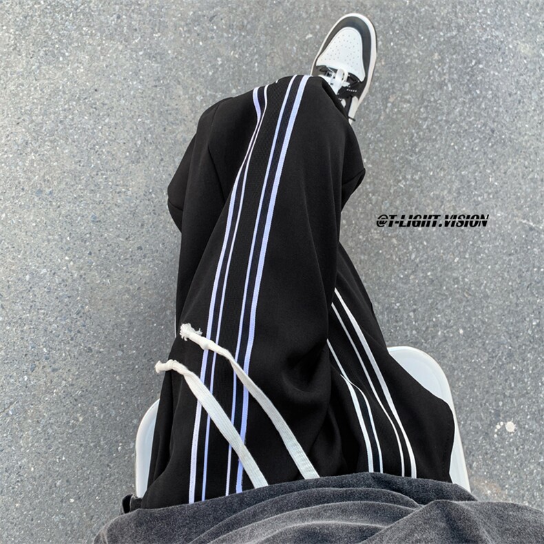 美式vibe裤子男高街潮牌设计感宽松条纹校裤直筒微喇长裤ZK26-P40,男装休闲裤,星座1008-1