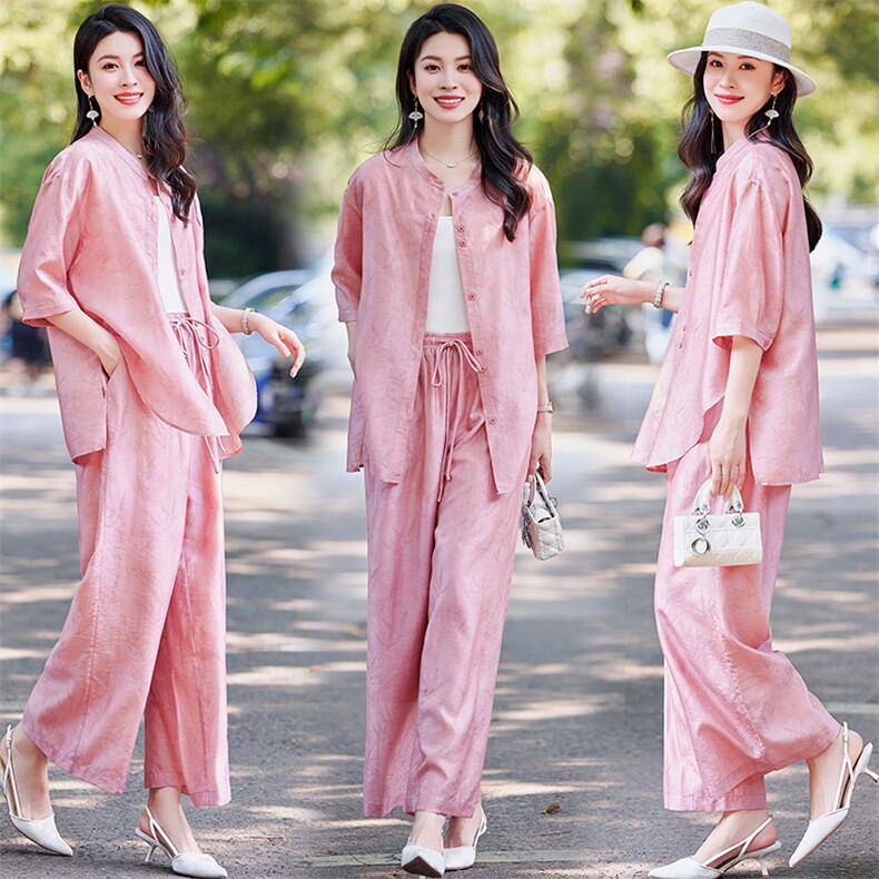 时尚天丝套装2025新款夏季休闲复古气质大码棉麻阔腿裤两件套女装，女装套装/套裙，水衣源