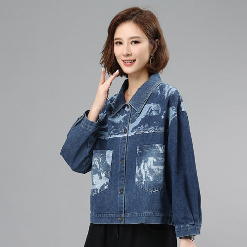2021秋季新款时尚印花水洗牛仔拼接外套,女装牛仔外套,叶笙衣