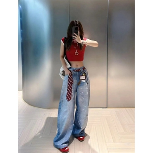 【现货】美食阔腿牛仔裤男女潮红色条纹领带珍珠 P63 YQ61图片