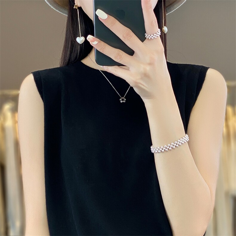 夏季新款精纺羊毛薄款针织吊带背心女圆领宽松内搭无袖上衣打底衫，女装背心吊带，臻维羊绒