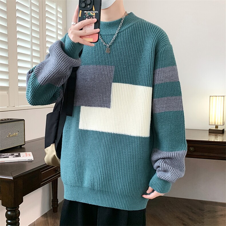 83971-P53拼色毛衣男秋冬款潮牌宽松慵懒风上衣青少年圆领针织衫,男装针织衫/毛衣,电商D310B