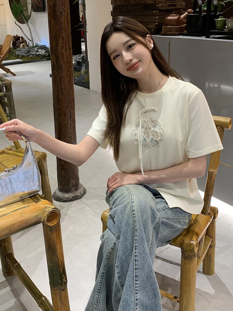 时尚开叉刺绣T恤修身显瘦短袖上衣,女装T恤,鑫慧