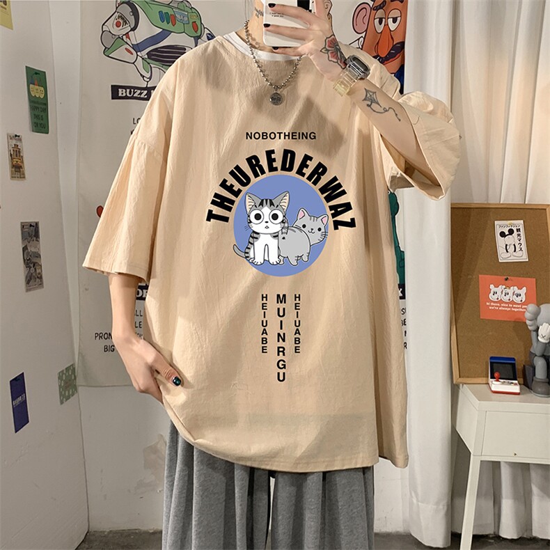 YT26160-P30亚麻短袖t恤男大码五分袖男宽松七分袖海报风,男装T恤,电商A040