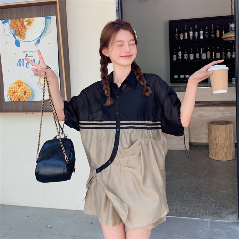 设计感轻薄撞色时尚防晒套装2025新款女夏宽松短袖衬衫短裤两件套图片