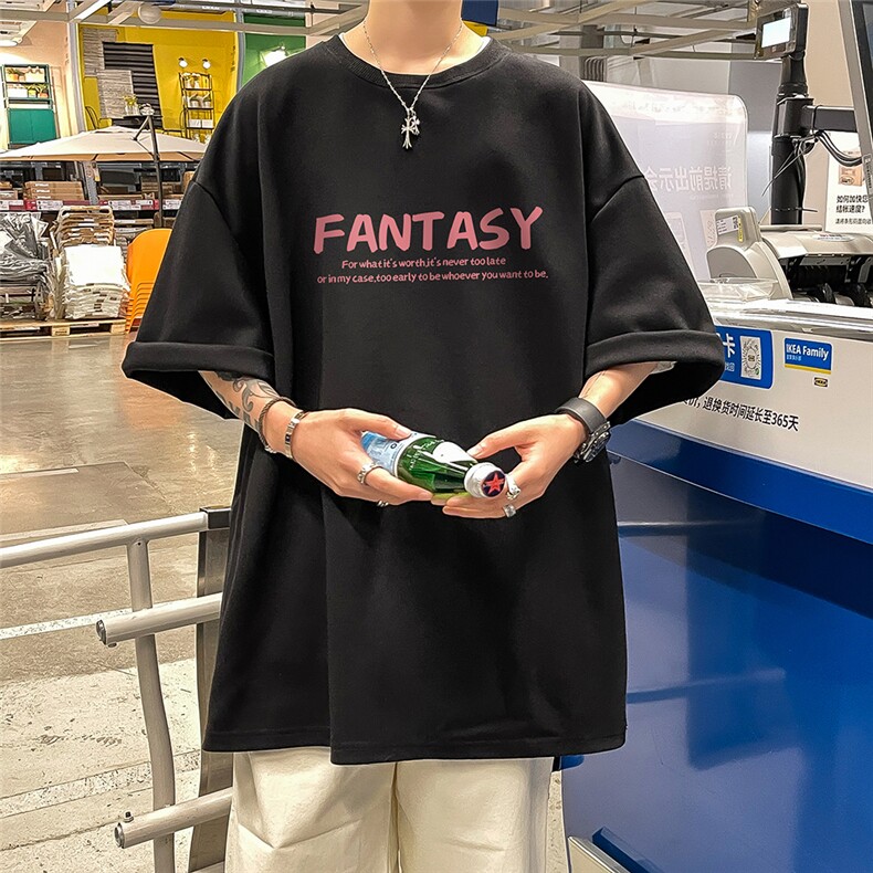 港风夏季时尚复古百搭宽松字母印花100棉短袖T恤T6091P25控38,男装T恤,电商A268A