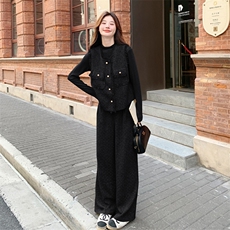 灰色小香风三件套女2025春新款名媛轻奢烫钻马甲打底衫气质阔腿裤，女装套装/套裙，2C272