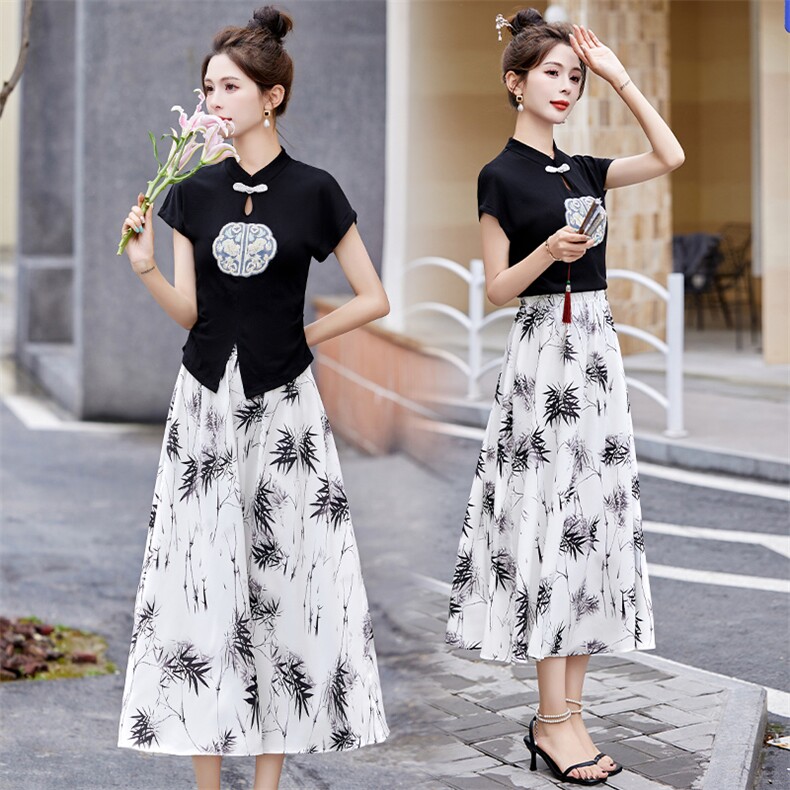 女童套装夏季2024新款女大童洋气新中式改良旗袍阔腿裤薄款两件套，女装套装/套裙，韩美纤衣