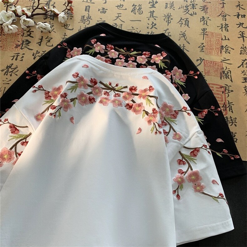 706-1-T387-P35现货夏季风梅花刺绣圆领短袖T恤情侣半袖上衣,男装T恤,星座706-1