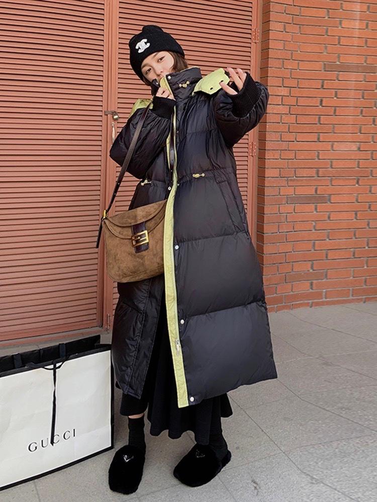 2022新款时尚可背肩撞色中长款抽绳设计羽绒服,女装羽绒服,L·H·X
