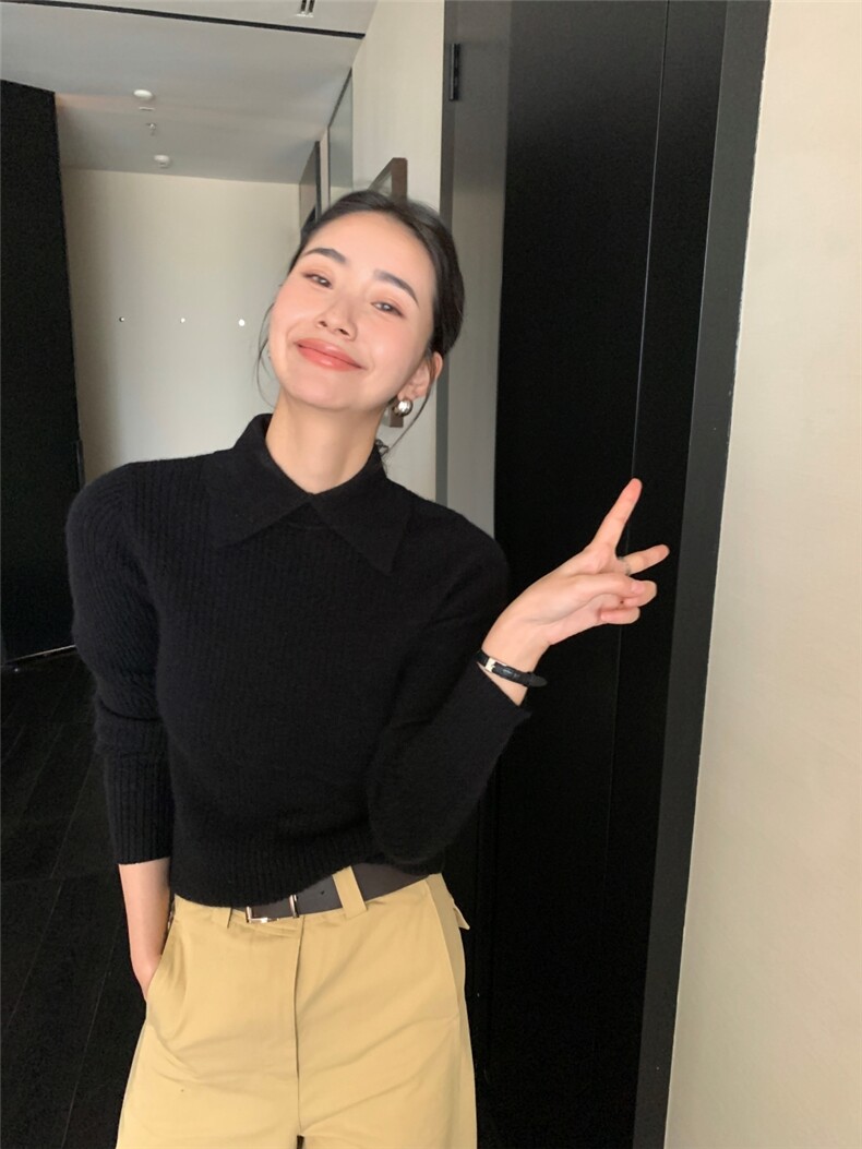 秋冬新款polo领女修身套头纯色上衣针织衫,针织衫/毛衣,玛卡隆羊绒