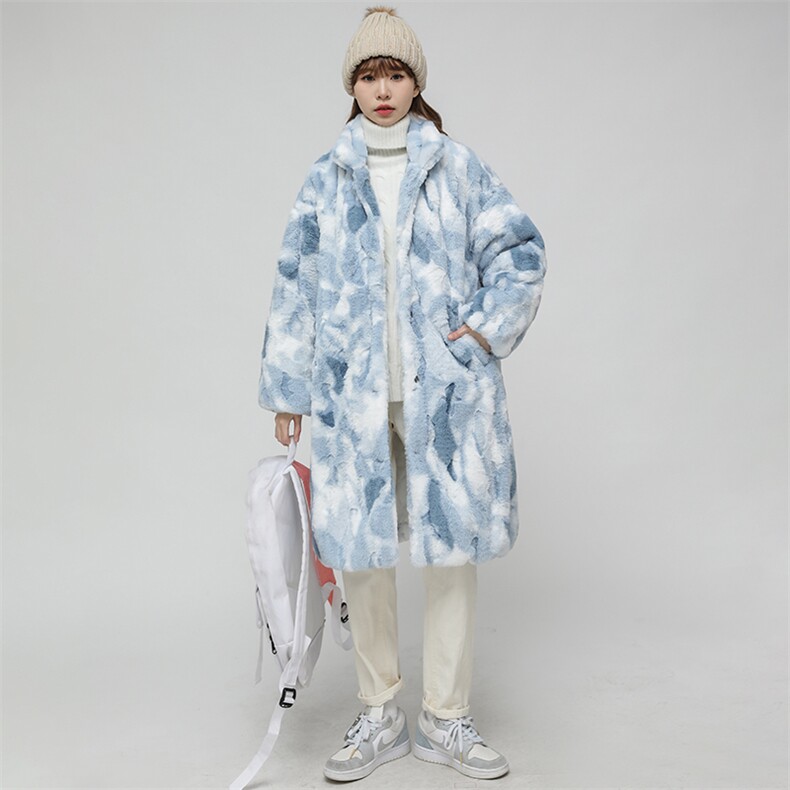 蓝色獭兔毛水貂绒大衣女中长款冬季加厚毛毛外套宽松毛茸茸仿皮草,女装风衣,尚羽泽网红店
