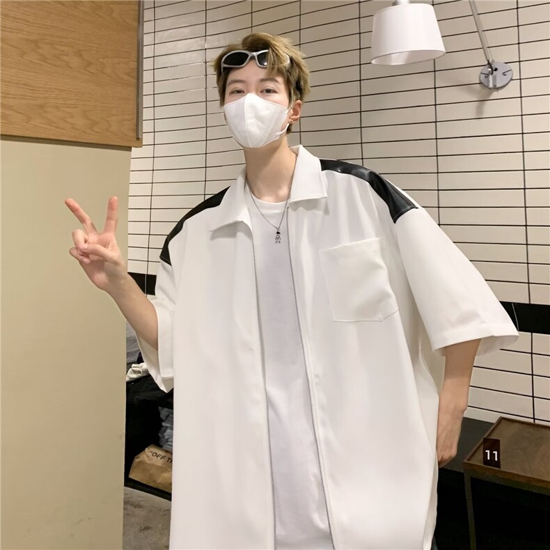 男士短袖春季2024新款拼皮拉链衬衫W1255P32,男装衬衫,星座1116-2