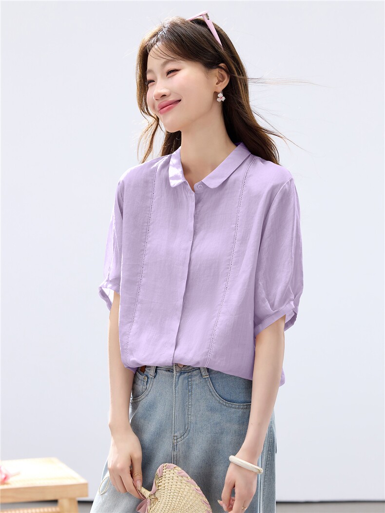 2026年夏季衬衫领休闲短袖纯色苎麻棉拼接衬衫小衫,女装衬衫,简韵佳