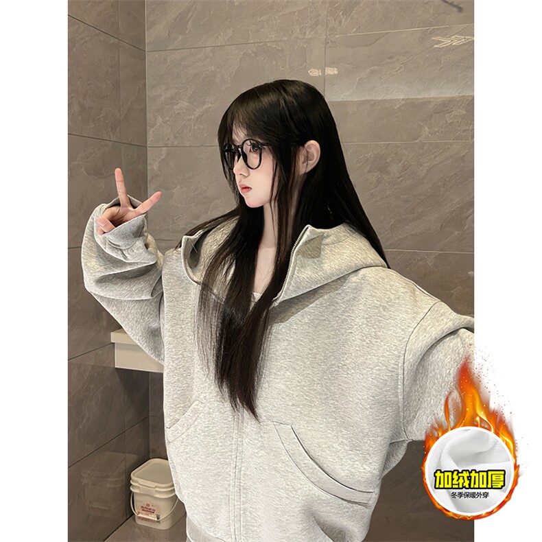 480G重磅加绒硬挺boxy男女秋冬美式高街防风高领卫衣开衫厚外套，女装短外套，电商A486