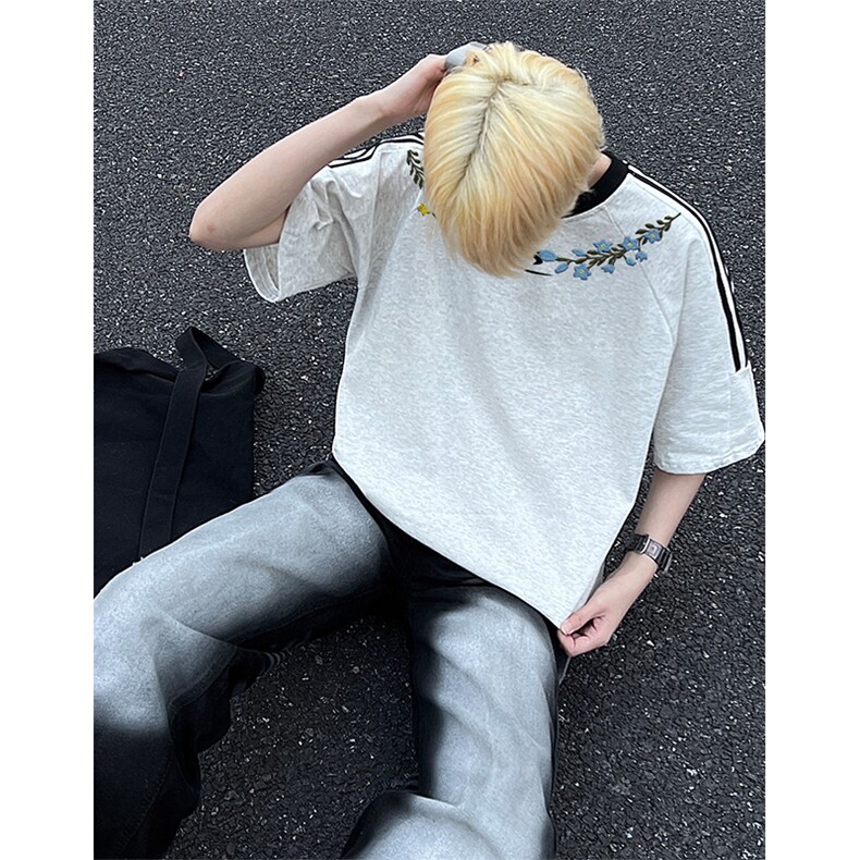 可48小时发货支持抖音得物来样二开重磅美式高街纯棉织带短袖T恤，男装T恤，电商A486